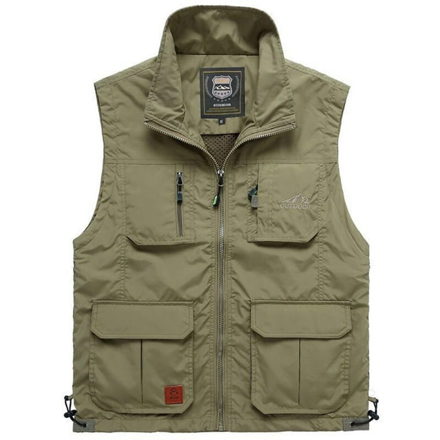 UKAP Gilet de Pêche Sans Manches pour Hommes Veste Extérieure Coupe Régulière Cargo de Vacances Kaki TG