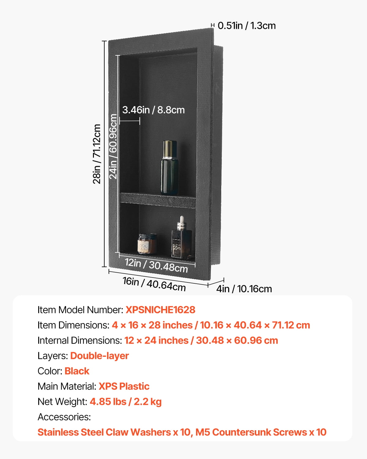 VEVOR Shower Niche, 16 x 28 x 4 inch Recessed Wall Niche with Movable Divider Shelf, Modern Soap & Shampoo Storage Organizer, Square Corners, Sealed Waterproof Design, Black for Bathroom Shower
