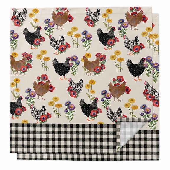 Farmhouse Rooster Cloth Napkins, Vintage Watercolor Flowers Black Plaid Washable and Reusable Dinner Napkins Set of 2, Table Napkin for Kitchen Party Birthday Wedding Hotel Housewarming 20"x20"