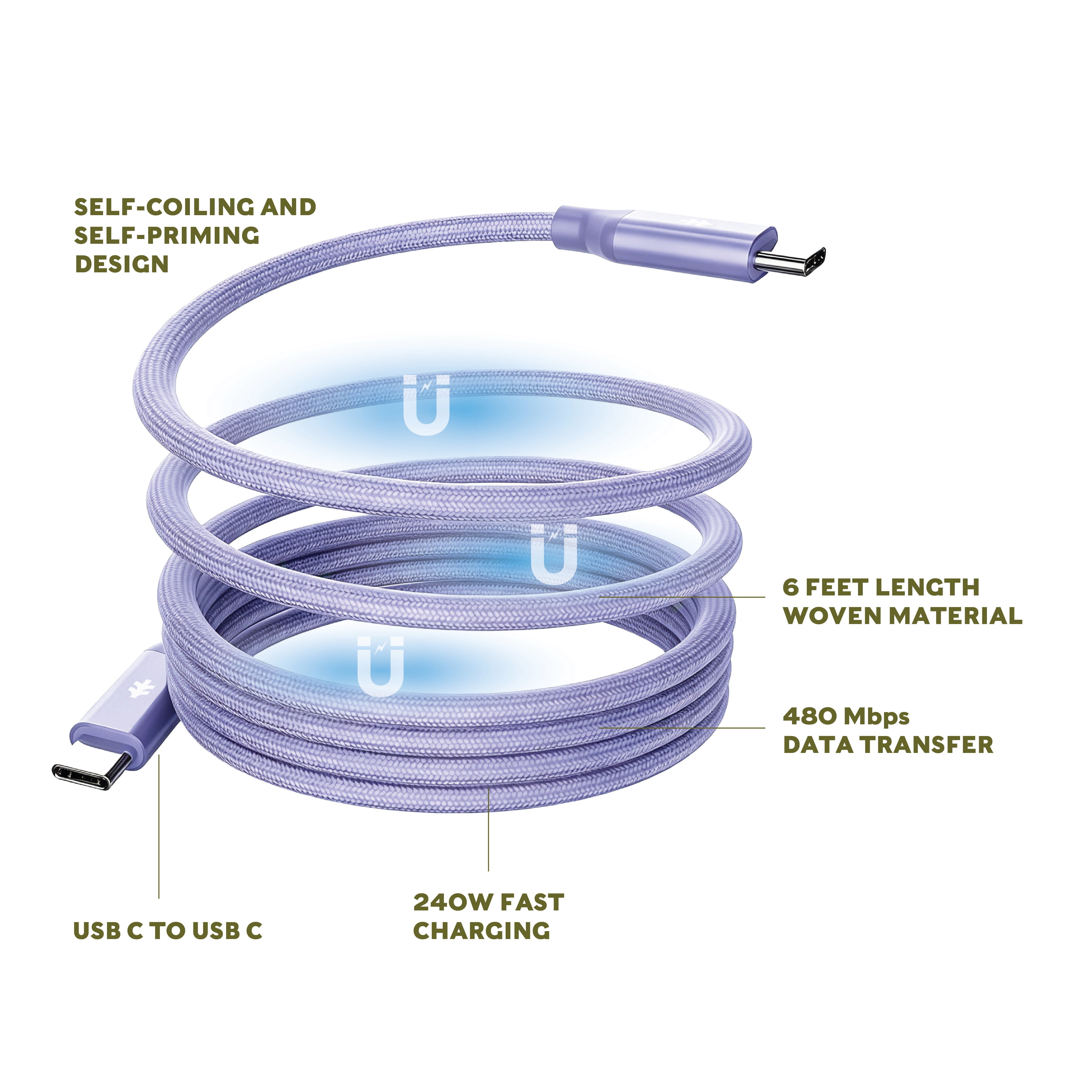 Swiss Tech Kabel M240 6 ft 240W Magnetic Self-Coiling USB-C Charging Cable, Myrtle Purple