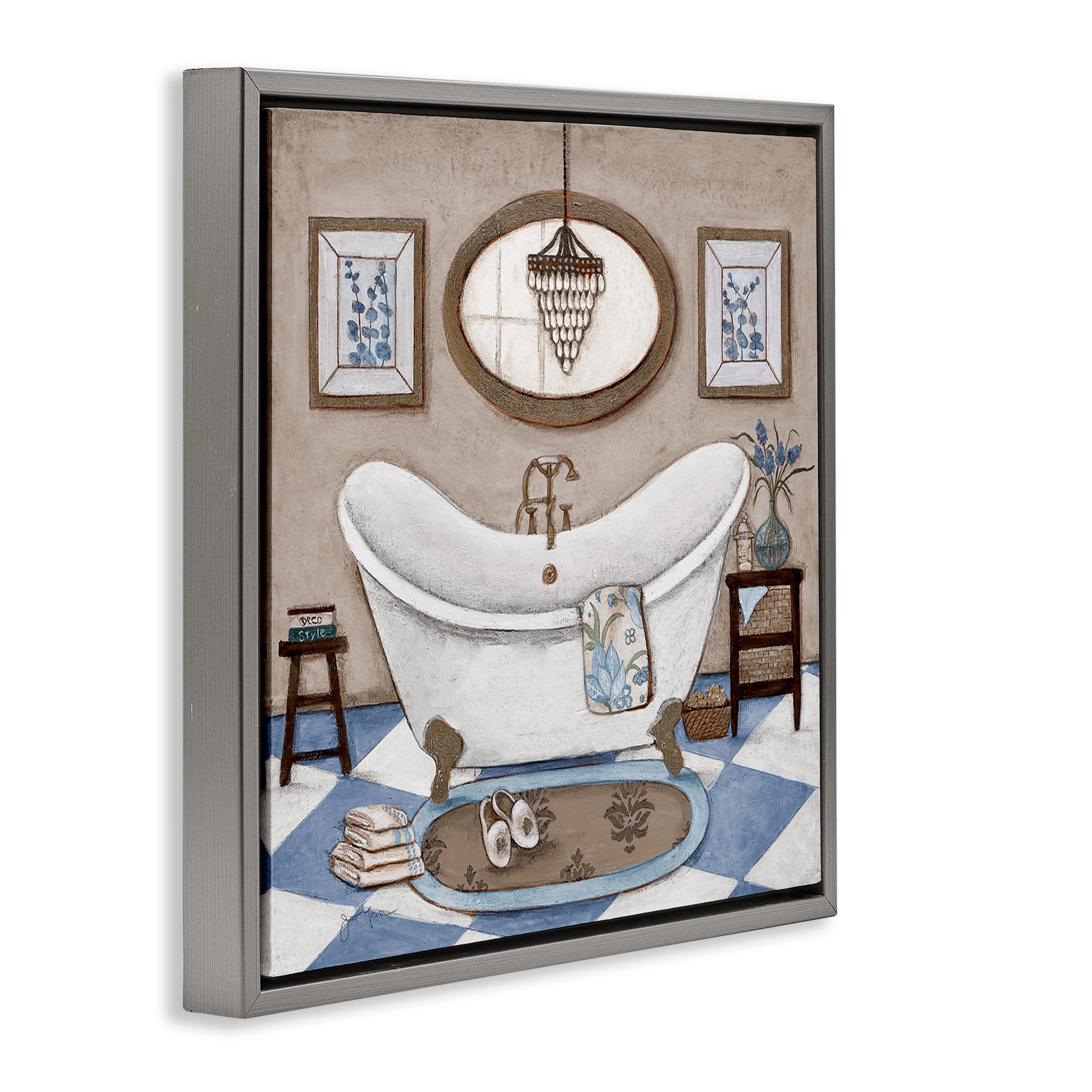 Stupell Industries Checkered Relaxing Bathtub Gray Framed Floater Canvas Wall Art, design by Janet Tava