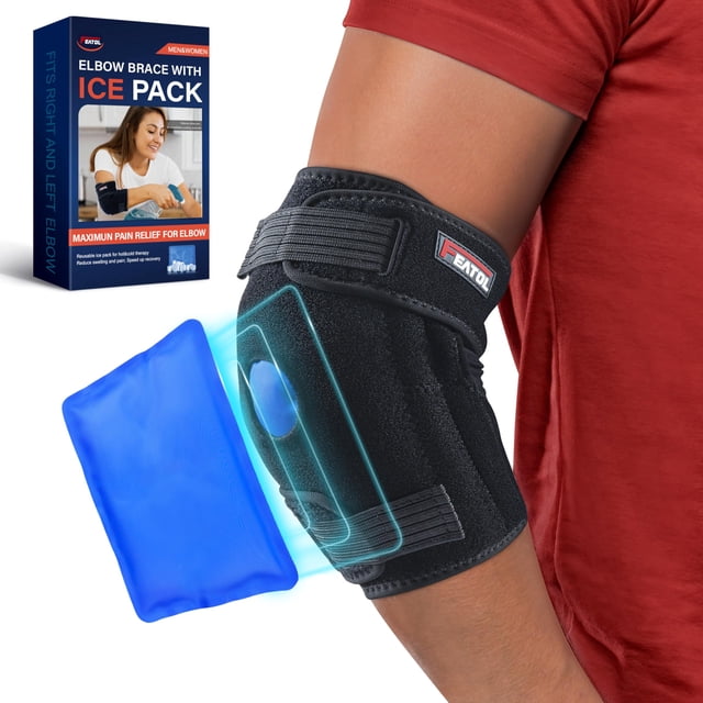 FEATOL Elbow Brace with Ice Pack for Tendonitis and Tennis Elbow-Pain Relief for Cubital Tunnel, Ulnar Nerve Entrapment, Bursitis-Reusable Ice Pack B