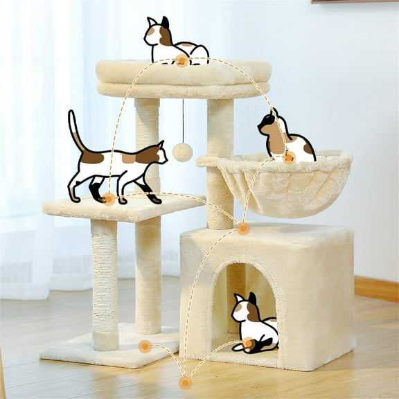 Pefilos 28" Cat Tree House for Indoor Cats, Cat Condo for Multiple Cats with Ball Activity Centre Cat Tree Tower, Beige