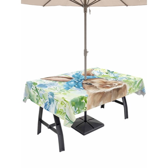 Easter Bunny Outdoor Tablecloth - 60x120 Inch Rectangle Dining Table Cover, Spring Green Leaves Scarf Rabbit Botanical Waterproof Outdoor Table Cloth with Umbrella Hole & Zipper for Picnic/Patio