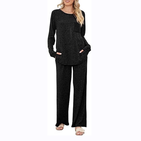 sageysalite Ensemble de Pyjama 2 Pcs pour Femmes, Tricoté Côtelé, Manches Longues, Col Rond, Léger, Tenue Décontractée d'Automne