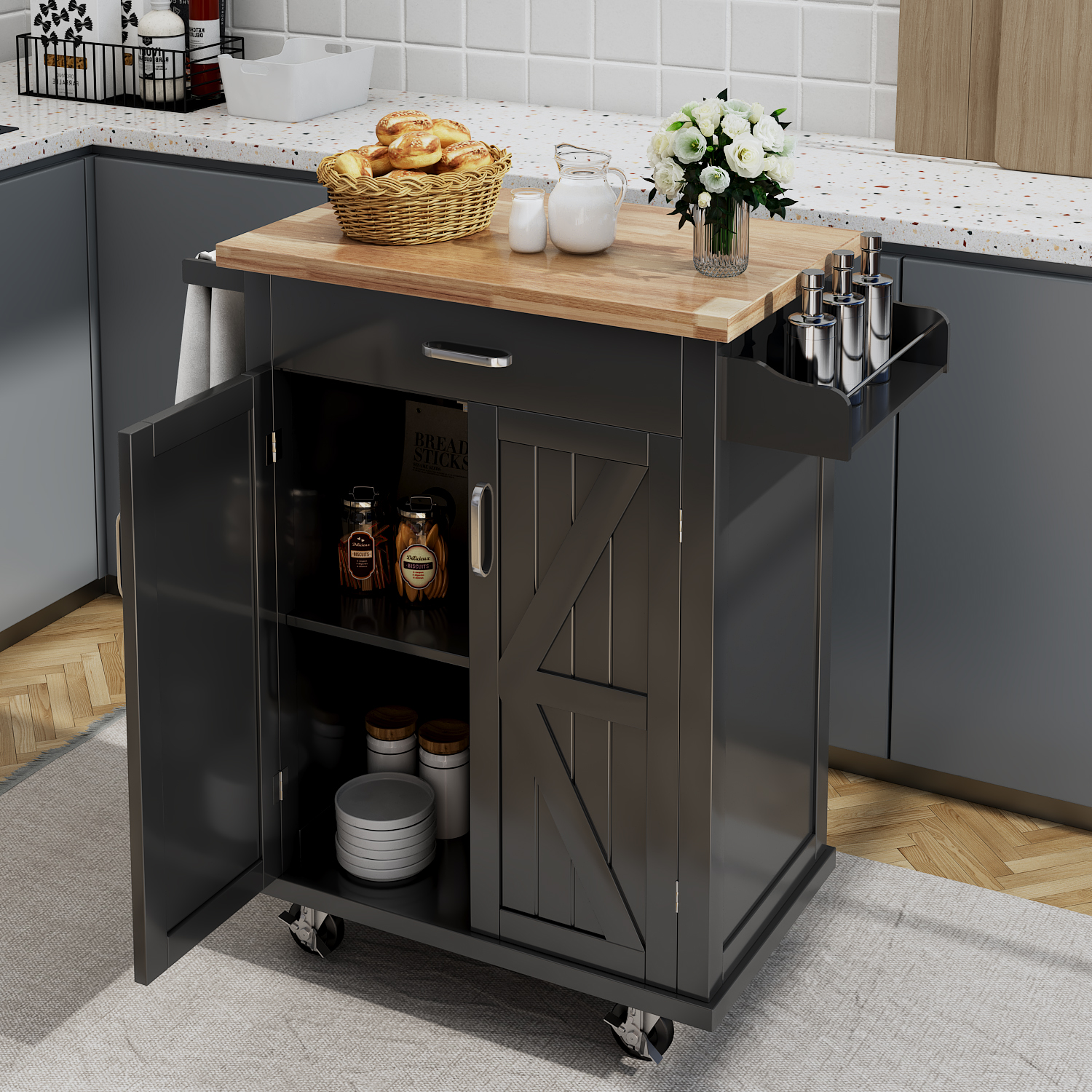 MSTG Tech Rolling Kitchen Island with Spice Rack Towel Rack Solid