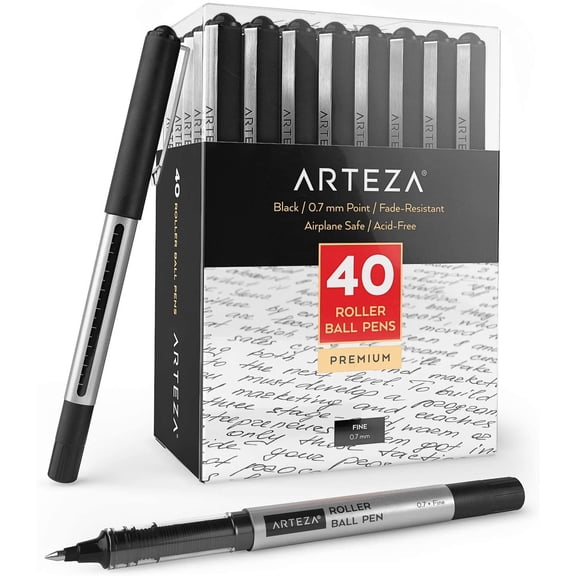 Arteza Roller Ball Pens, Black Ink, 0.7 mm Bullet Point - 40 Pack