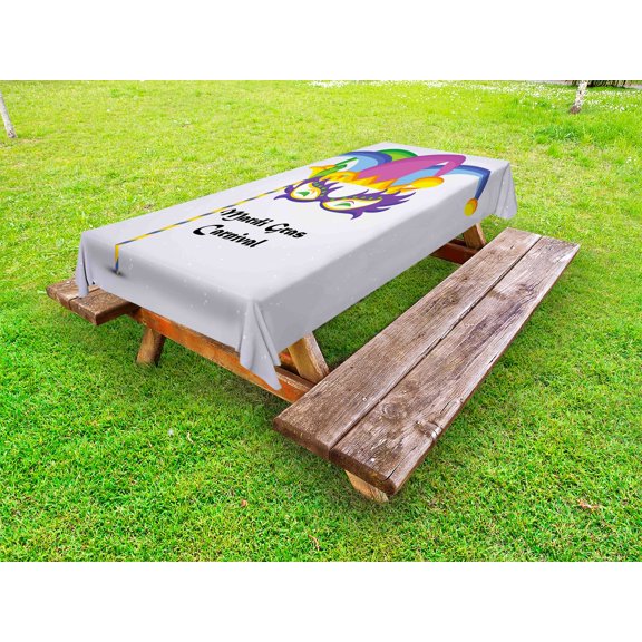 Mardi Gras Outdoor Tablecloth, Mardi Gras Carnival Inscription with Traditional Party Icons Clown Costume Hat, Decorative Washable Fabric Picnic Tablecloth, 58 X 120 Inches, Multicolor, by Ambesonne