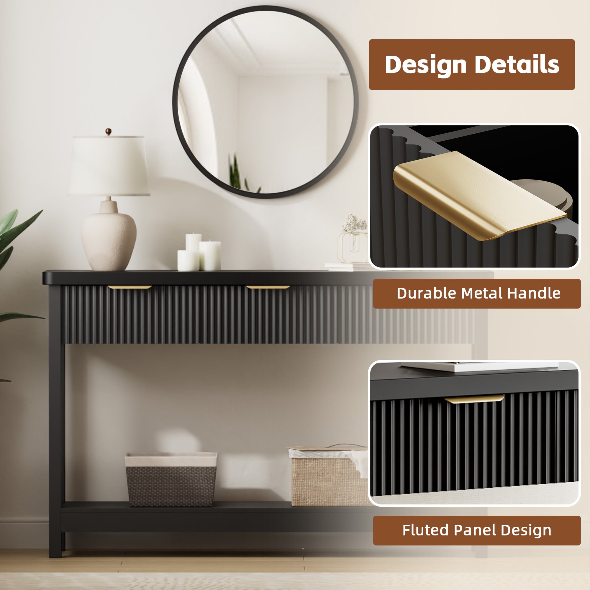 Aufeile 51" Console Table, Fluted Entryway Table with 3 Storage Drawers and Open Shelf, Narrow Sofa Table for Living Room, Hallway, Behind Couch, Black