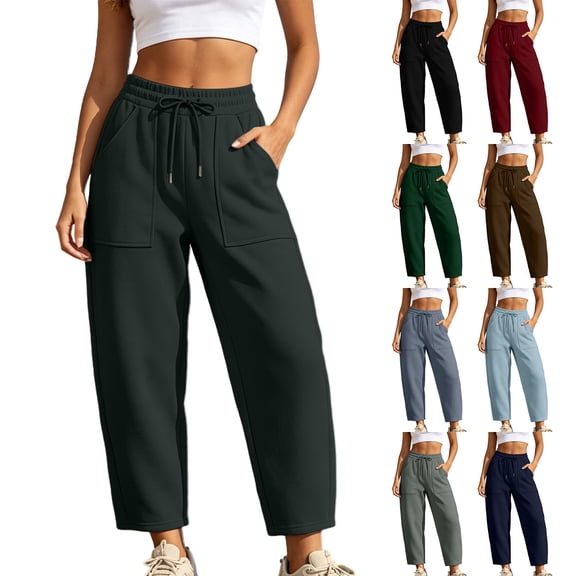 Aezemi Women Loose Crop Sweatpants Baggy Barrel Curved Leg Fashion Elastic Waist Drawstring Cropped Trousers Wide Leg Casual Trendy Comfy Workout Home Pants with Pockets M