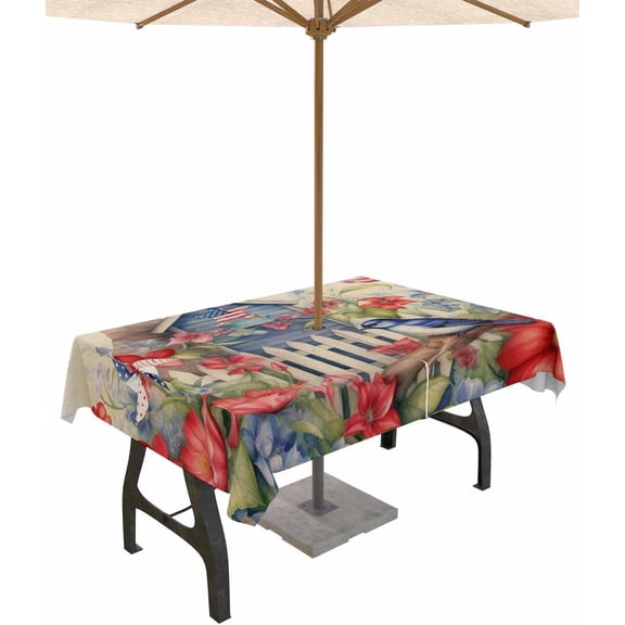 4th of July Outdoor Tablecloth - 60x60 Inch Square Dining Table Cover, Independence Day Floral Birds Farmhouse Waterproof Outdoor Table Cloth with Umbrella Hole & Zipper for Picnic/Patio