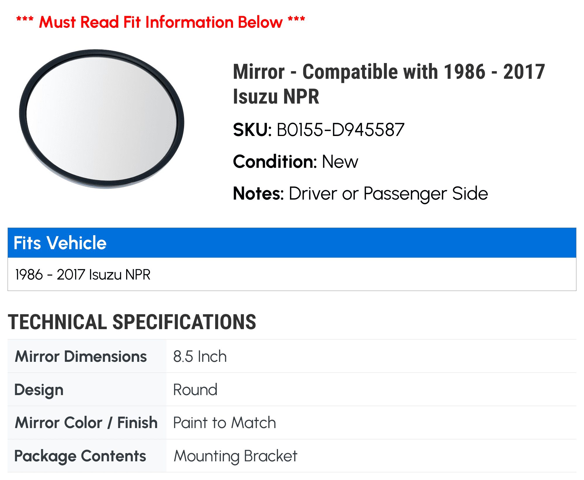 Mirror - Compatible with 1986 - 2017 Isuzu NPR 1987 1988 1989 1990 1991 1992 1993 1994 1995 1996 1997 1998 1999 2000 2001 2002 2003 2004 2005 2006 2007 2008 2009 2010 2011 2012 2013 2014 2015