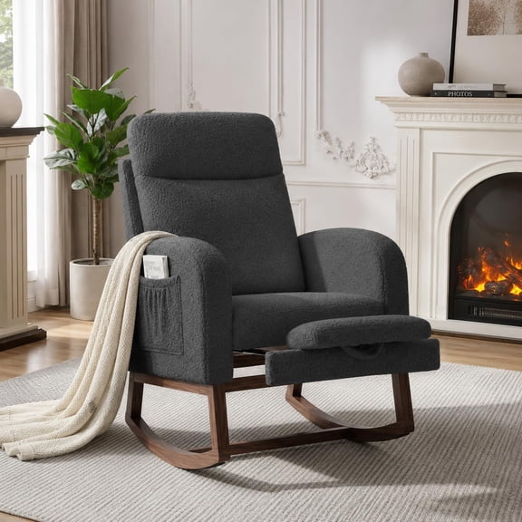 Ergonomic Rocking Chair with Footrest and High Backrest – Glider Chair for Nursery, Moms, Home Lounge, Upholstered Seat and Solid Wood Structure, Dark Gray