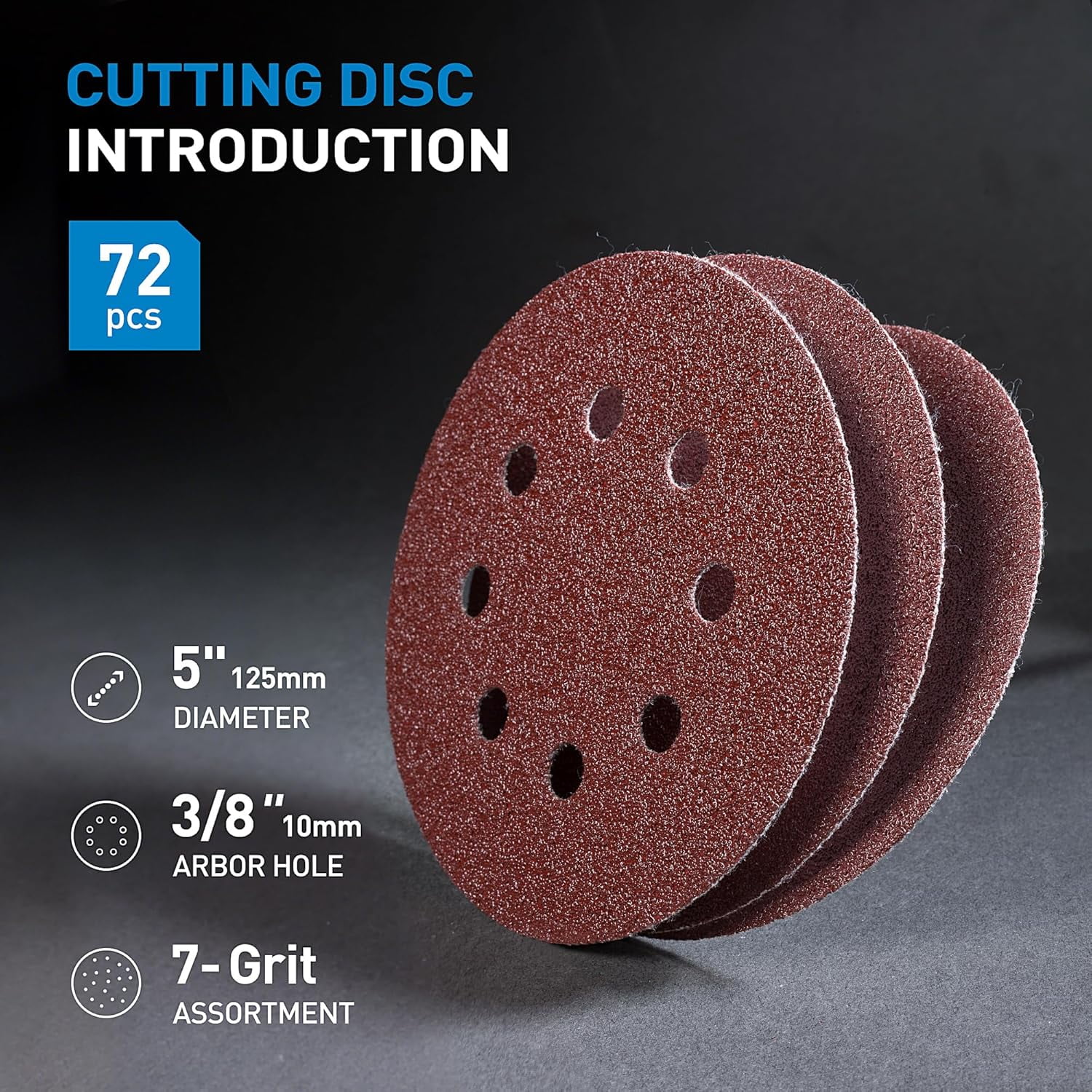 72 PCS 5 Inch 8 Hole Hook and Loop Adhesive Sanding Discs Sandpaper for Random Orbital Sander 40 60 80 120 180 240 320 Grits