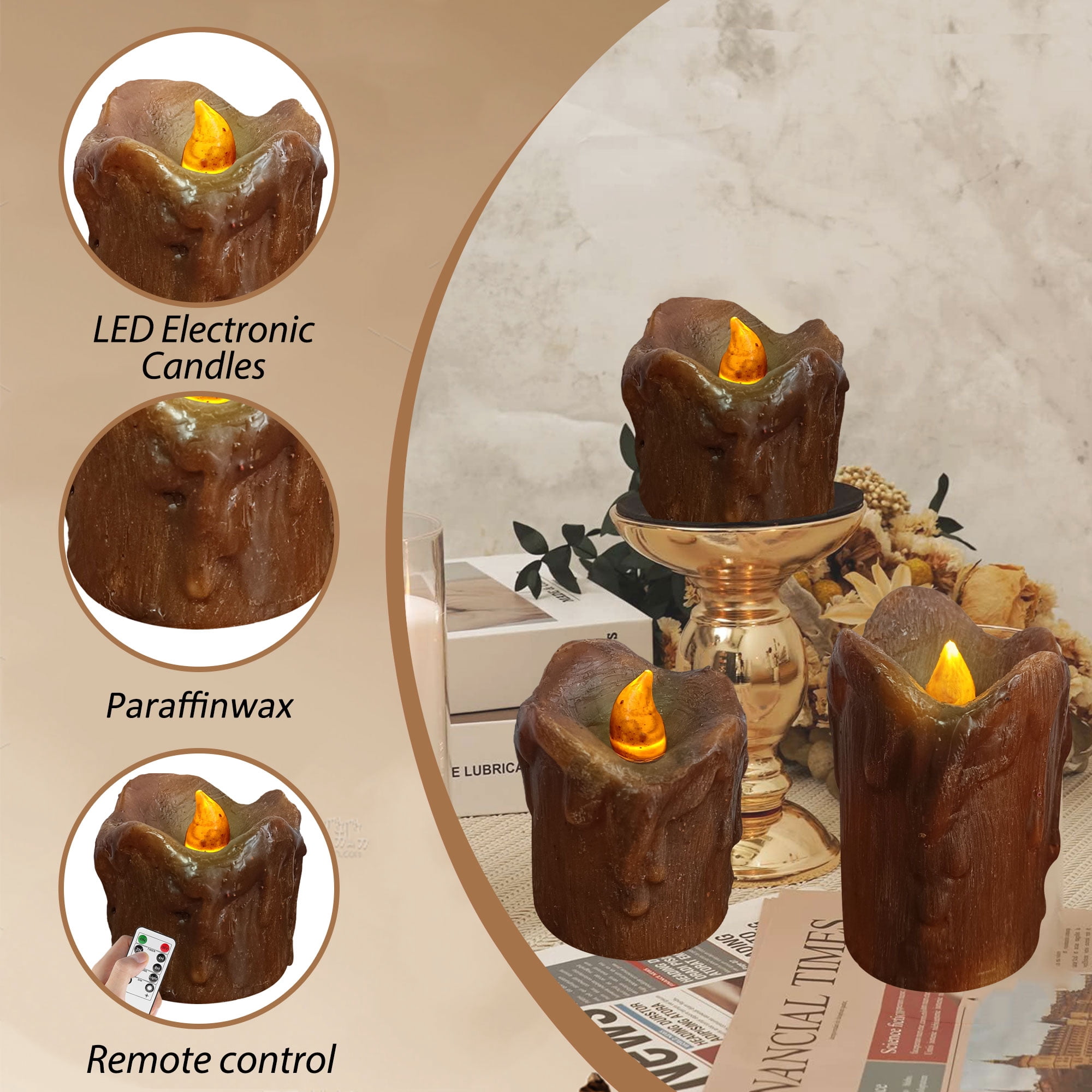 FCMSHAMD Flickering Flameless Candles with Remote Timer, 2.3" 3" 4" Realistic 3D Flame with Real Wax Pillar LED Candles,Battery Operated Candles for Wedding Home Decoration, Christmas,3 Pack