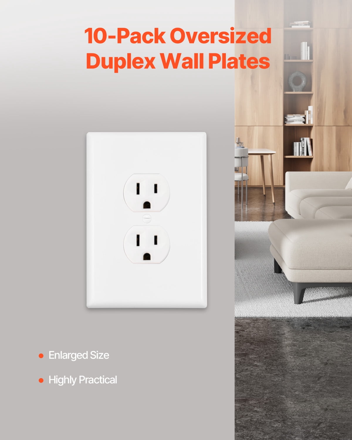 VEVOR 1-Gang Duplex Outlet Covers, 10 Pack Standard Size Wall Outlet Cover, Unbreakable and Impact-Resistant Polycarbonate Thermoplastic, Dual Receptacle Faceplate, for Electrical Outlets, White