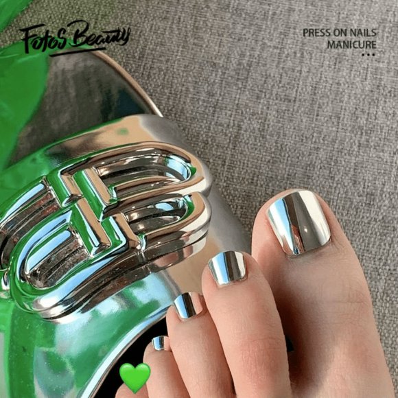 Fofosbeauty 24 Pcs Ongles Postiches en Acrylique à Presser, Pointes d'Ongles Designs 2023, Bout Carré Miroir Argent