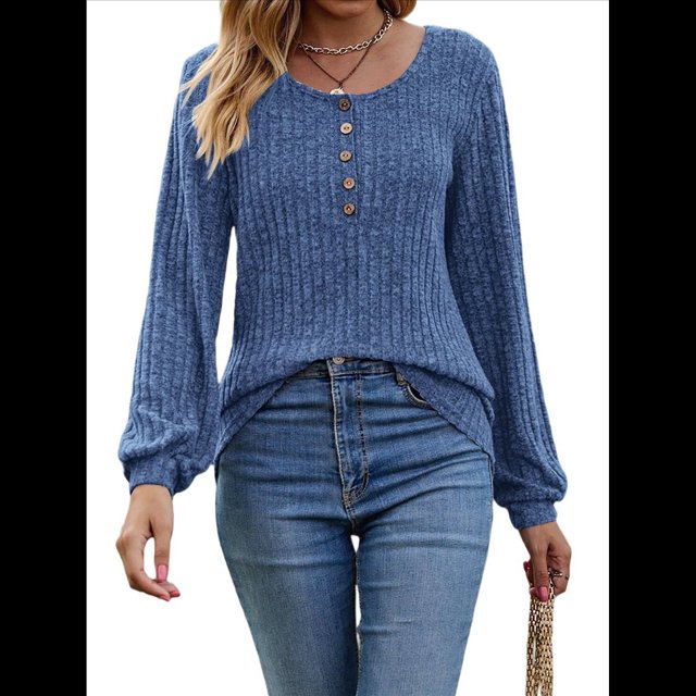 Suéter Abotonado para Mujer, Suéteres de Punto de Otoño, Camisetas de Larga, Camisetas Tipo Túnica con Cuello Redondo Azul L