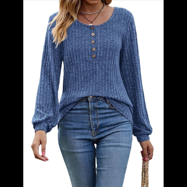 Suéter Abotonado para Mujer, Suéteres de Punto de Otoño, Camisetas de Larga, Camisetas Tipo Túnica con Cuello Redondo Azul XL