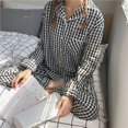 thumbnail image 4 of Conjunto de pijama a cuadros con estampado rojo para mujer, ropa de dormir informal con solapa y pantalones de manga larga, 2 piezas, servicio a domicilio, primavera y otoño, 4 of 4
