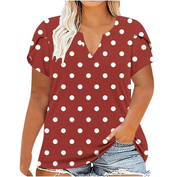 Pisexur Womens Plus Size Tops Polka Dots Petal Sleeve V Neck Short Sleeve  Blouse Tops Oversized T Shirts for Ladies,XL-5XL 