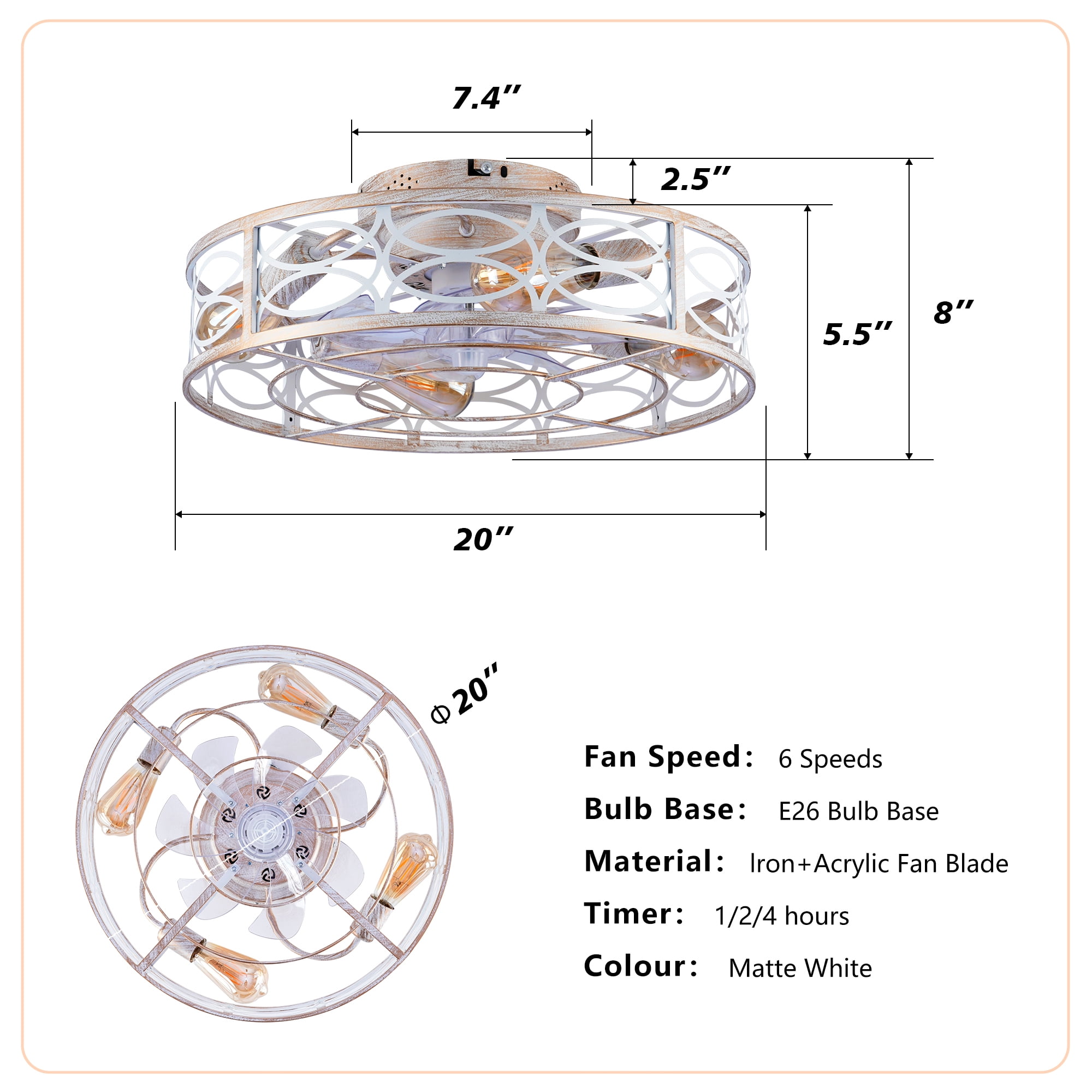 Leumius 20" Caged Ceiling Fans with Lights and Remote, Flush Mount Caged Ceiling Fan 6 Speed Reversible with Remote Control for Living Room Bedroom Dining Room White (NOT Included Bulbs)