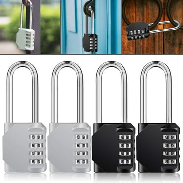 QiShi Long Shackle Padlock 4 Pack, 4 Digit Combination Lock, Resettable Weatherproof Combo Lock for School, Gym, Employee Locker, Outdoor, Fence(Black＆Silver)