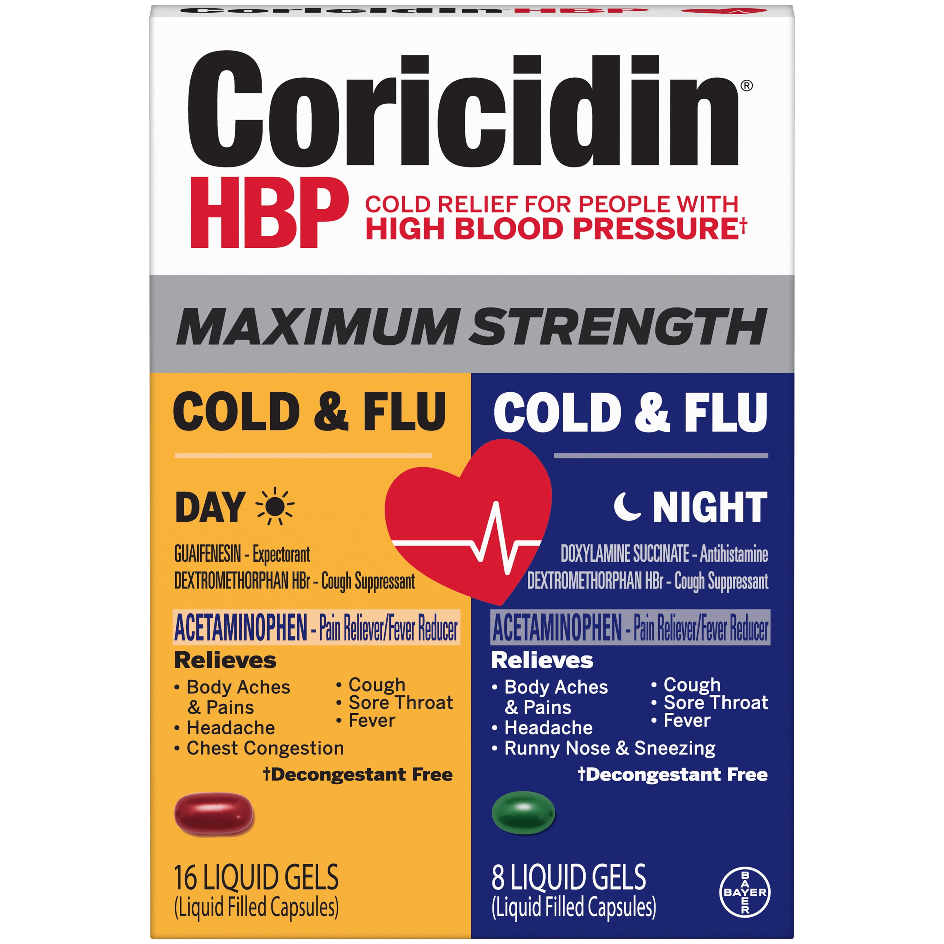 Coricidin HBP Maximum Strength Cold & Flu Medicine, Day+Night, Liquid Gels, 24 Count