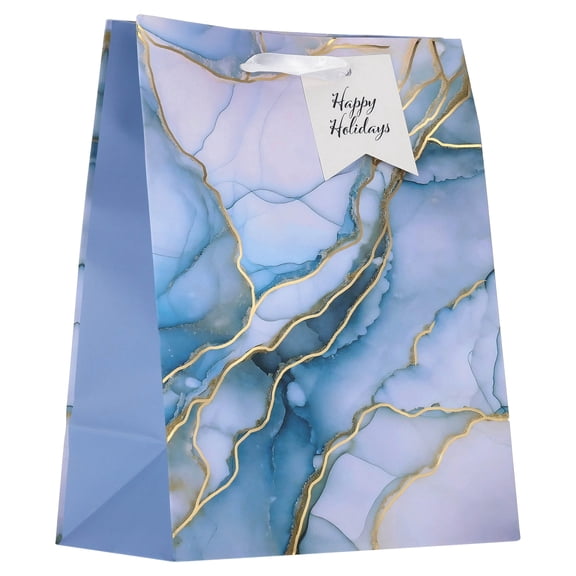 Blue/White/Gold Marble Pattern Christmas Paper Gift Bag, 7.5" x 4.5" x 9.75", by Holiday Time