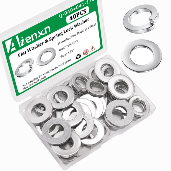 shiyou-40PCS 1/2" Flat Washer and Spring Lock Washers, 20PCS Spring Lock Washers and 20PCS Flat Washers, 304 Stainless Flat Washers for Screws, 1/2" Washers for Bolts, Lock Washer Set