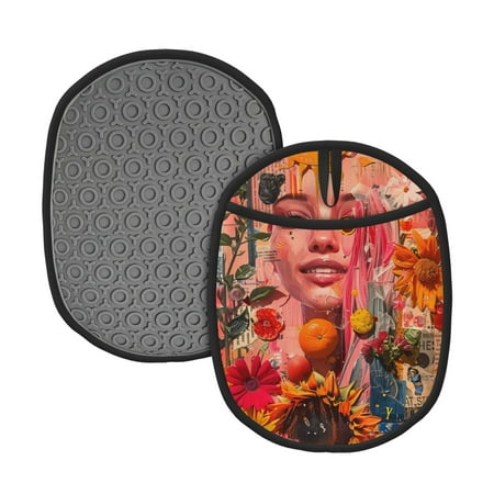 

Tebeau Vibrant Floral Collage Portrait Print Silicone Pot Holders Multi-Purpose Hot Pads for Kitchen Trivets Potholders Oven Mitts for Baking Cooking Hot Dishes Pans Heat Resistant