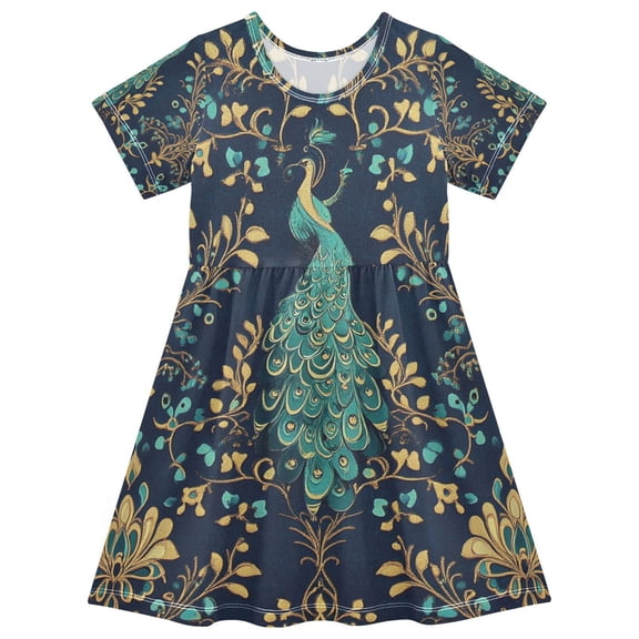 FORMRS Girls Short Sleeve Dress Summer Casual Round Neck A-line Beach Sundress, Sizes 2T-8T, Navy Blue Peacock Pattern