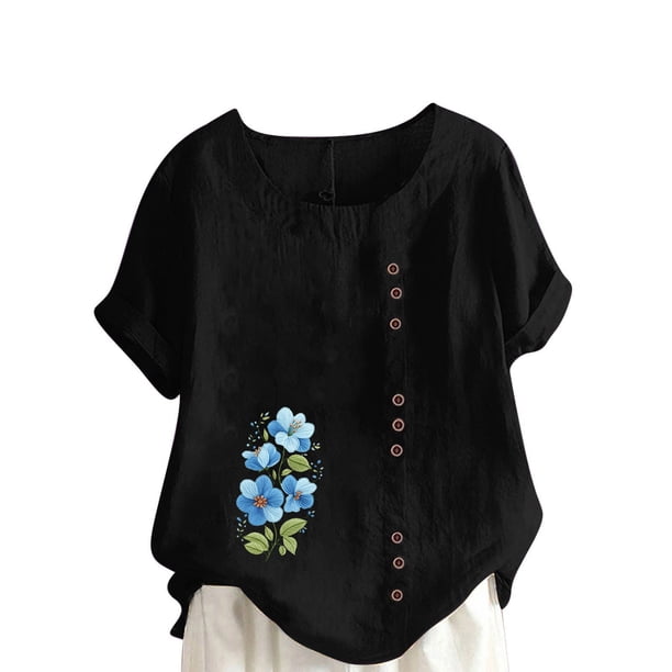 Vestidos Casuales Para Mujer, Blusas De Mujer De Moda Blusa tipo túnica informal de lino con estampado de peces del océano y botones de manga corta para mujer