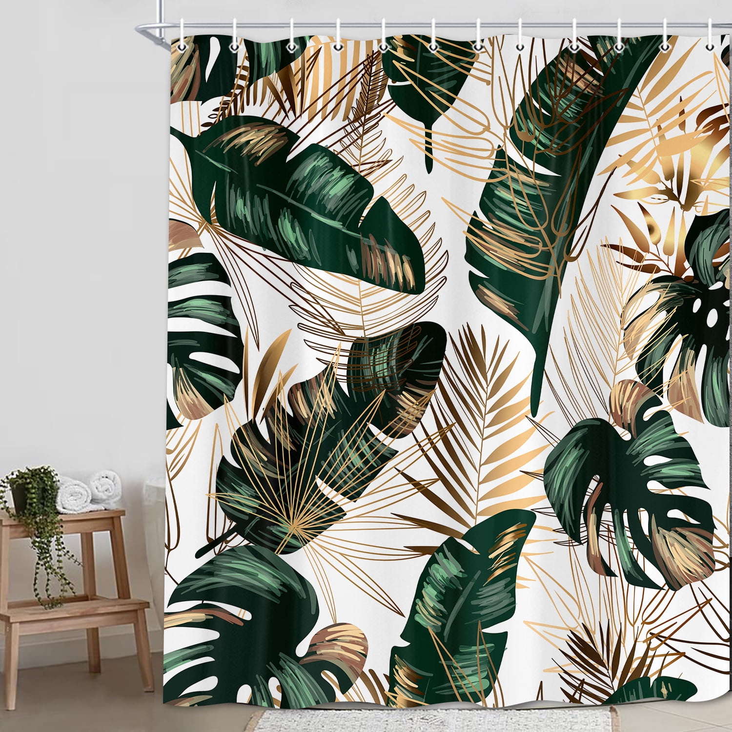 Green Tropical Jungle Leaves Shower Curtain for Bathroom,Golden Leaves Plant Shower Polyester Fabric Shower Curtains,Palm Leaf Shower Curtain Set with Hooks 72X84in