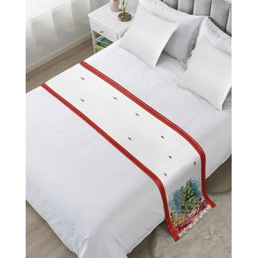 Christmas Bed Runner for Twin Size Bed, Xmas Tree Watercolor Food Red Plaid Bedspread Protector Slipcover Bed Scarf for Foot Bed Runners & Scarves for Bedroom Hotel Wedding Room 71x20 Inches