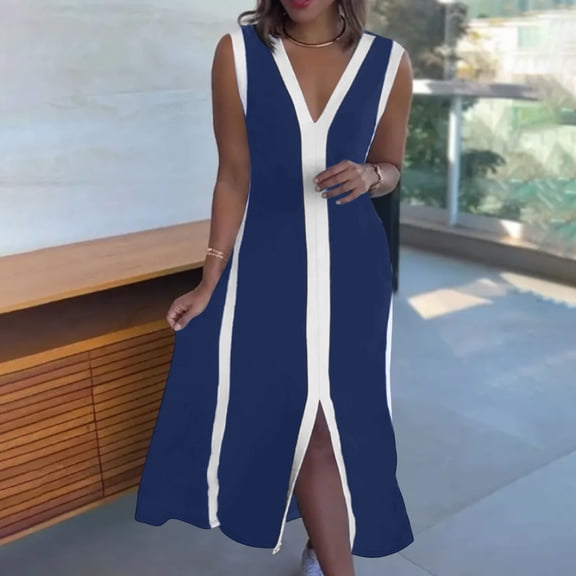 Uscallm Women's Plus Size V Neck Sleeveless Maxi Dress High Low Bodycon Solid Elegant Long Holiday Dresses for Evening Party, Blue 2XL