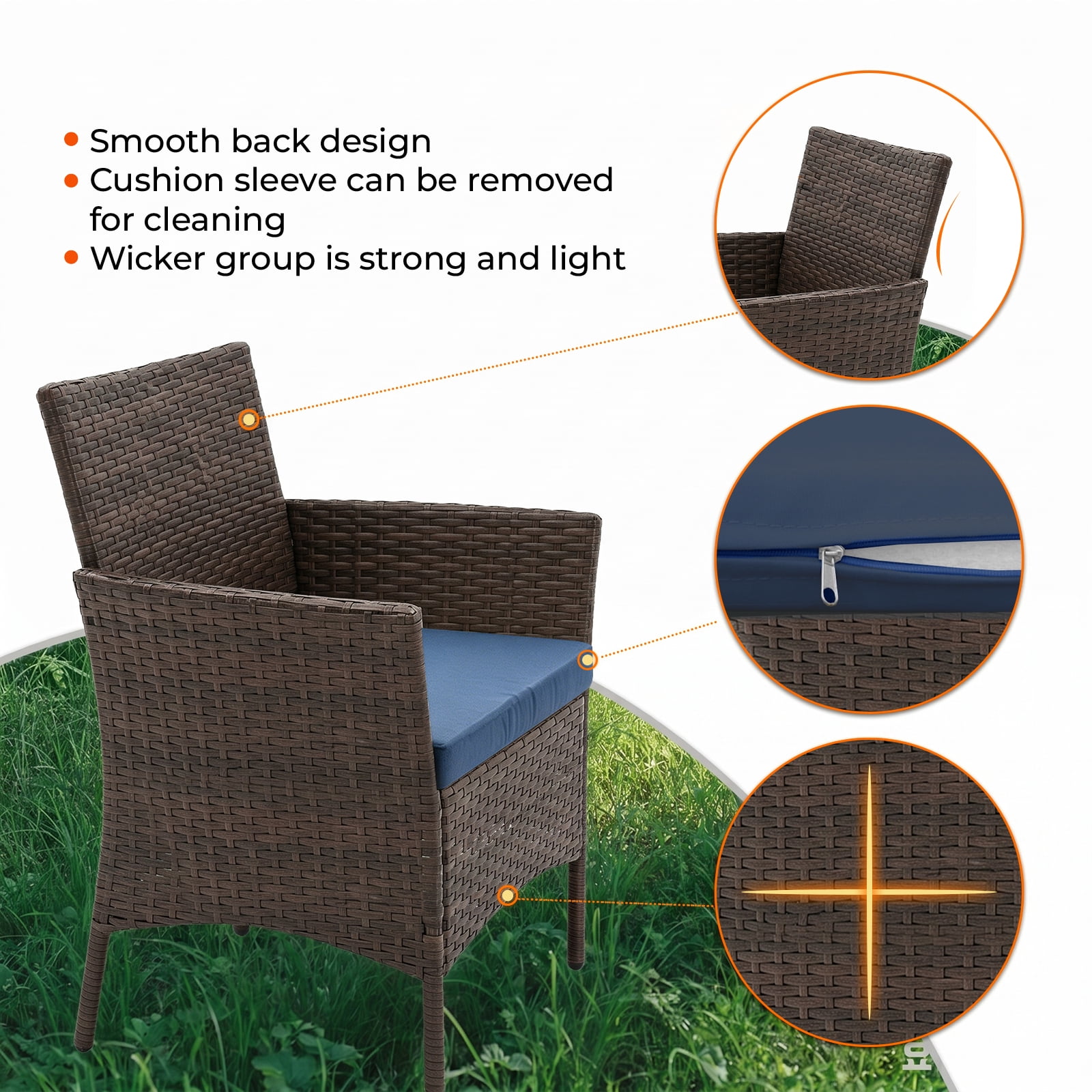 Gasee 4-Piece Patio Furniture Set Outdoor Conversation Rattan Chairs with Cushion and Loveseat Glass Table for Garden Backyard Porch, Brown/Navy