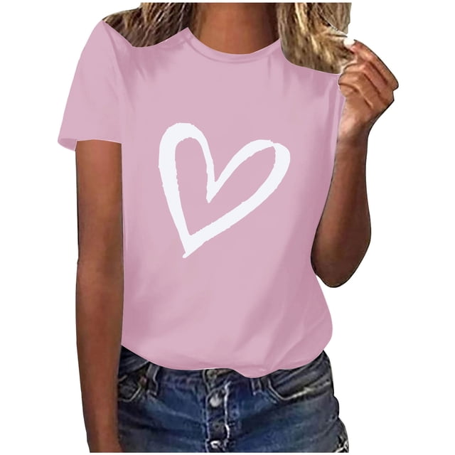 Diufon Hauts de la Saint-Valentin pour Femmes, Tunique Décontractée à Manches Courtes, Chandail à Col Rond, Blouse Tendance Mignonne à Imprimé Graphique