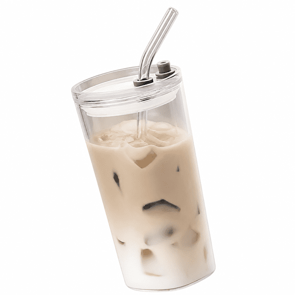 Florenta 400Ml Heat-Resistant Glass Tumbler with Straw & Leak-Proof Lid – Insulated Cup for Iced Coffee, Juice, and Cold Beverages