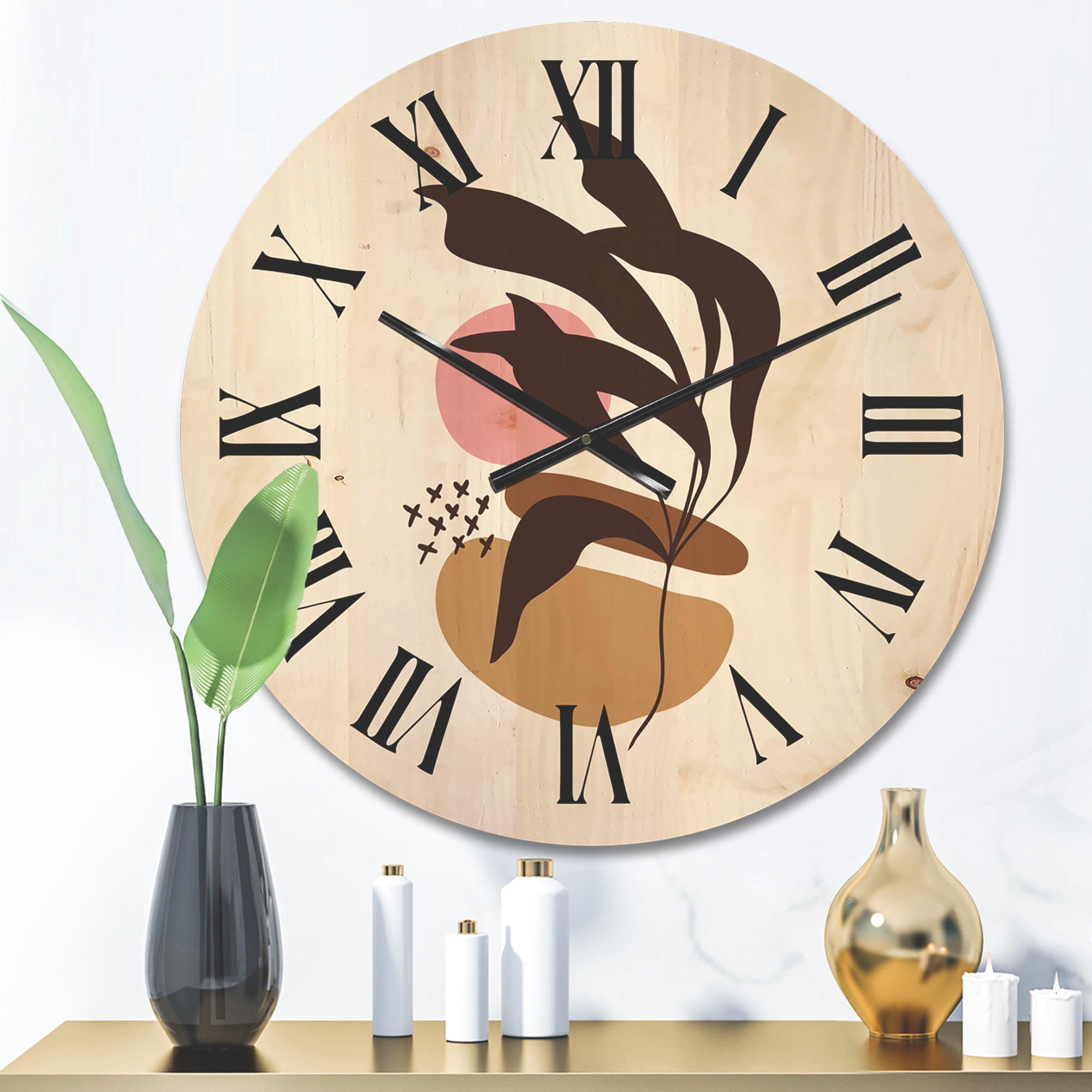 Designart 'Abstract Plants With Elementary Shapes' Modern Wood Wall Clock