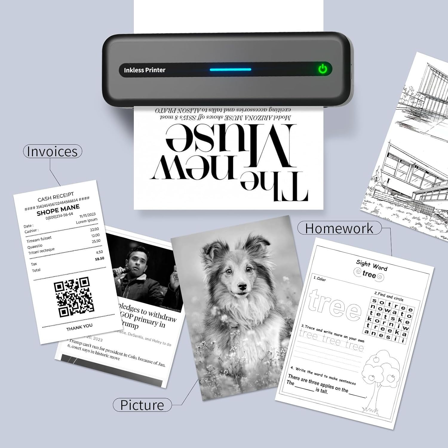 Portable Printers Wireless, M832 Bluetooth Thermal Printer, Inkless Mobile Printer Support 8.5'' x 11'' & A4 Thermal Paper, Compatible with iPhone Android Laptop for Office Car Home