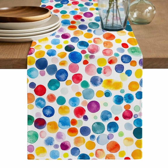 Colorful Polka Dot Table Runner, Rainbow Polka Dots Watercolor Washable Cotton Linen Table Runners 60 Inches Long, Dresser Scarf Runner for Coffee/TV Stands/Kitchen/Cabinets 13''x60''
