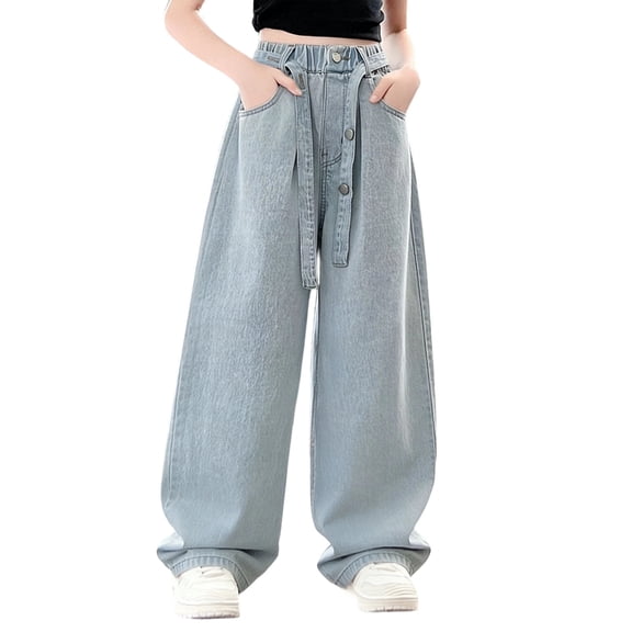 ATOGUTA Girls Straight Leg Jeans Denim Elastic Wasit Wide Leg Baggy Jean Trendy Preppy Pants Kids Clothes with Pockets Size 4T-14, Blue
