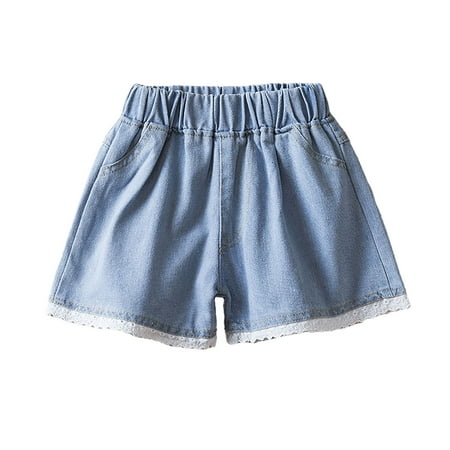 Likimi Childre Girls Denim Shorts Solid Color Lace Up Stretchy Elastic Waist Breathable Summer Shorts With Pocket Blue Size 5-6 Years