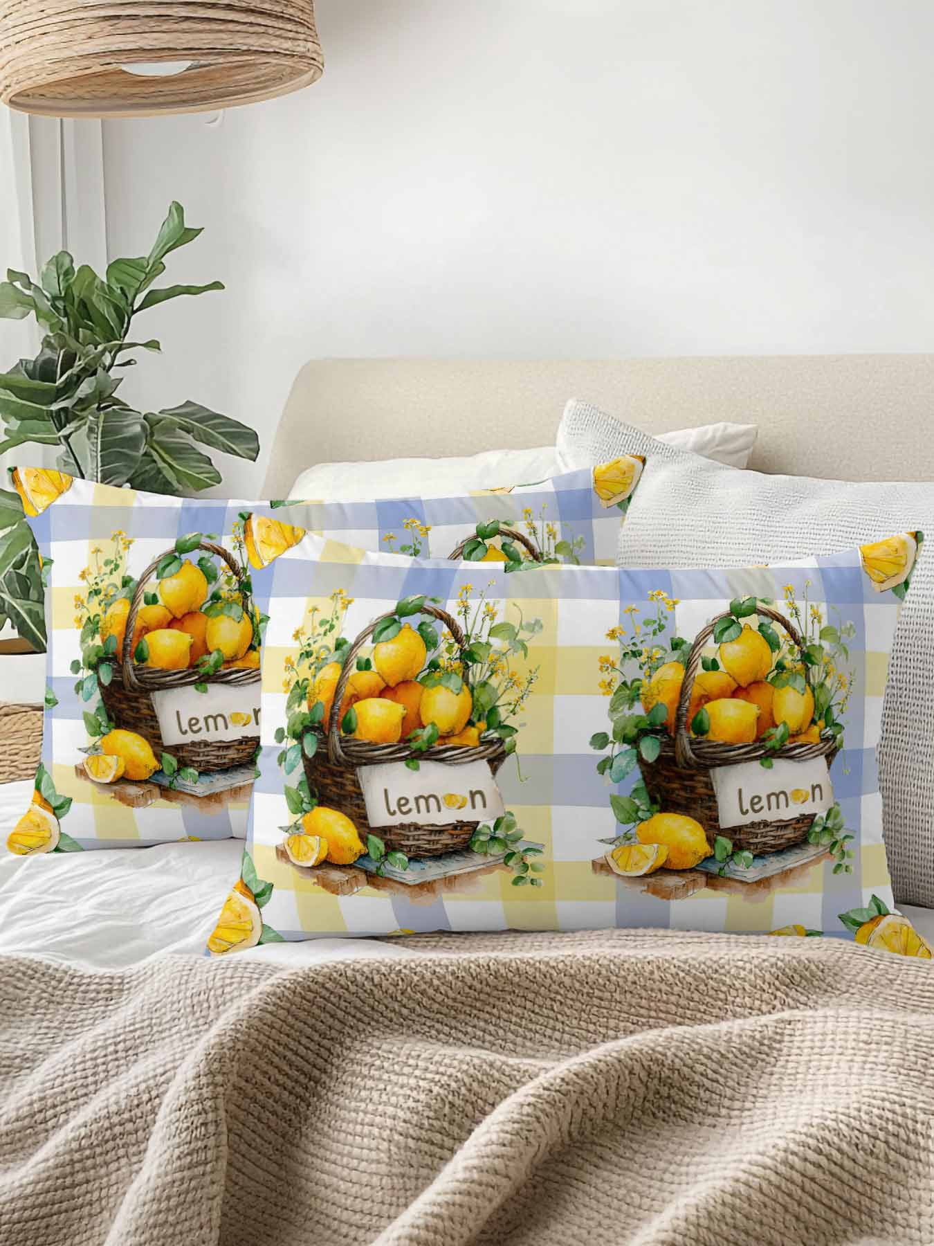 1 Pack Outdoor Pillows Waterproof, Lemon Basket Summer Indoor/Outdoor Throw Pillows with Inserts, Eucalyptus Blue Yellow Plaid Decorative Pillow for Patio Furniture Chairs Couch