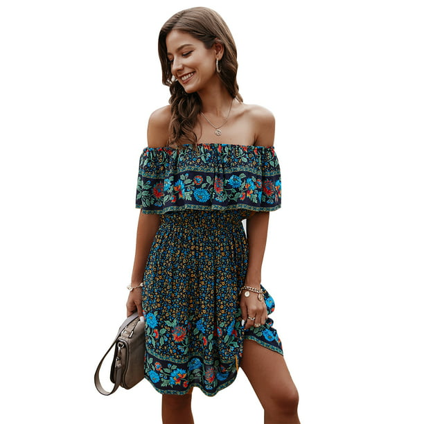 Women's Off Shoulder Dress Ruffle Elastic Floral Summer Mini A-line Dresses