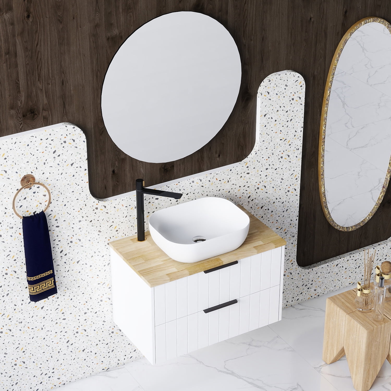 Demi Bonn 31" Double Drawer Wall-Mounted Bathroom Vanity with Solid Wood Natural Top, Square Art Ceramic Sink and Round Mirror, Faucets and Drains Not Included, White