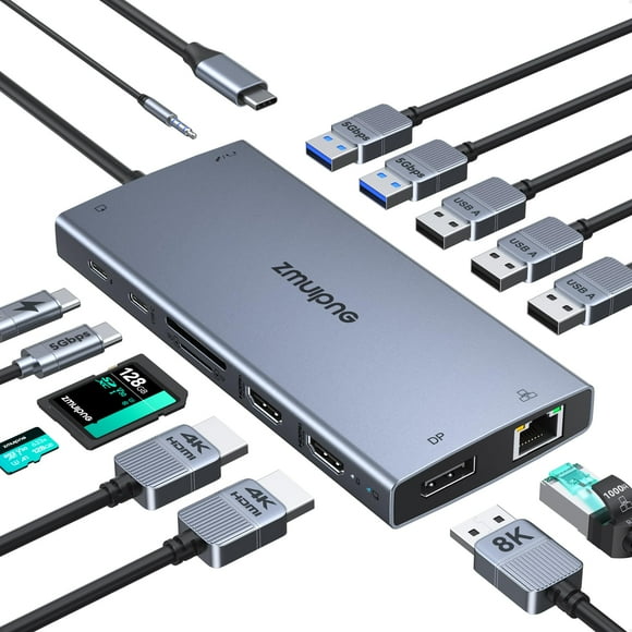 USB C Laptop Docking Station with 2 HDMI 4K@60Hz+DP 8K@30Hz for Dell HP 15 in 1 USB C Hub Triple Display Multiple Adapter Dongle with USB A Port+Butt