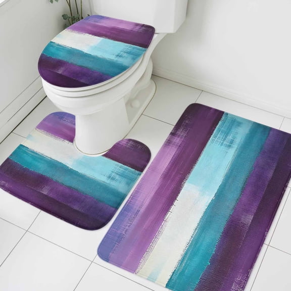 Purple and Bathroom Rugs Set Teal Abstract Ombre Oil Painting Art Modern Non Slip Absorbent Soft Bath Mats 3 Piece Set with Bathroom Rug, U-Shaped Floor Mat, Toilet Seat Cover Small Size