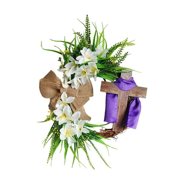 Guirnalda de Pascua con flores artificiales de ratán simuladas con cruz para el frente morado 35cm
